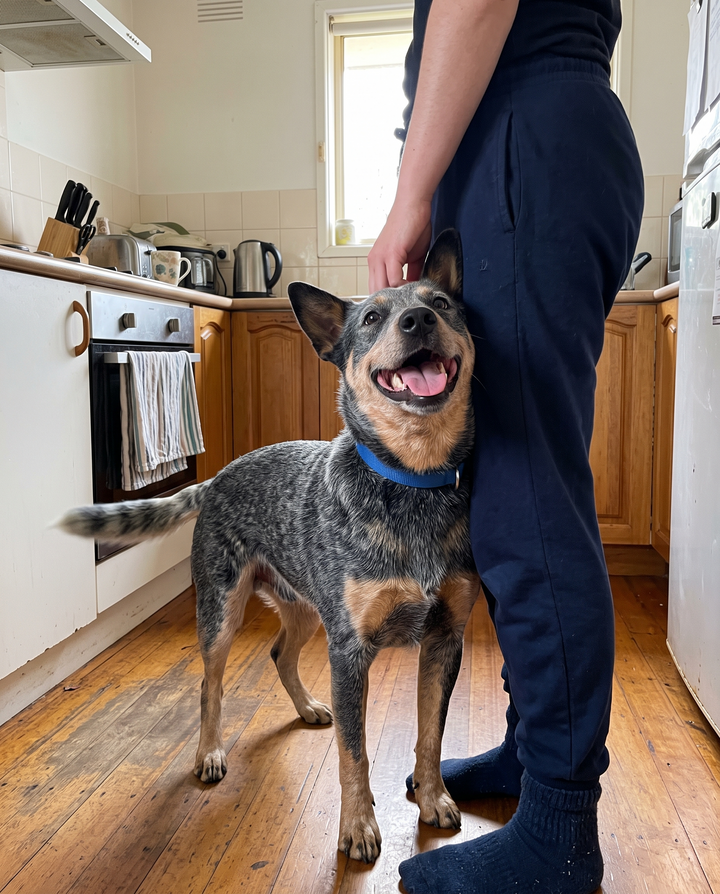 Blue cattle dog leaning against its owner in the kitchen