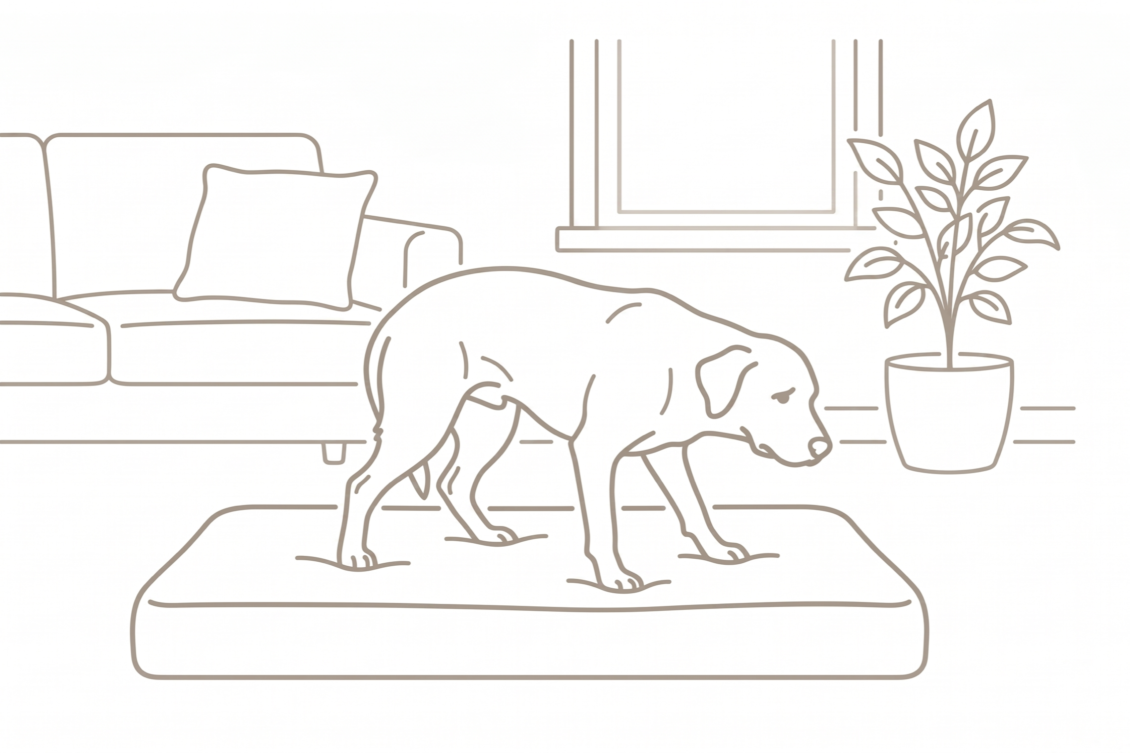 A dog standing tense and unsettled on its bed in the same living room