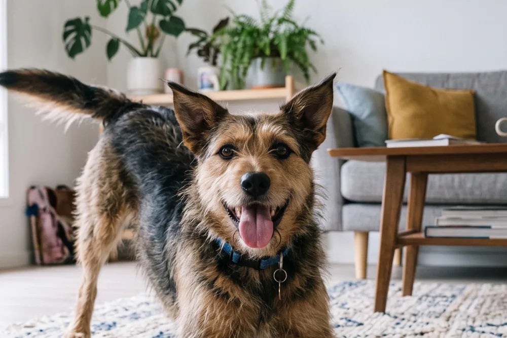 A happy, cheeky dog mid-play