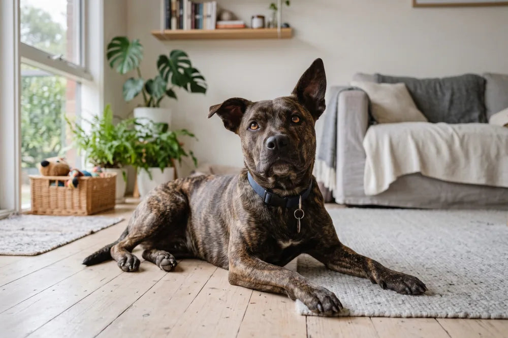 A rescue dog looking up at the camera