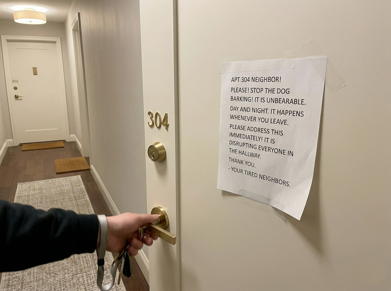 An unsigned note taped to an apartment door about a barking dog