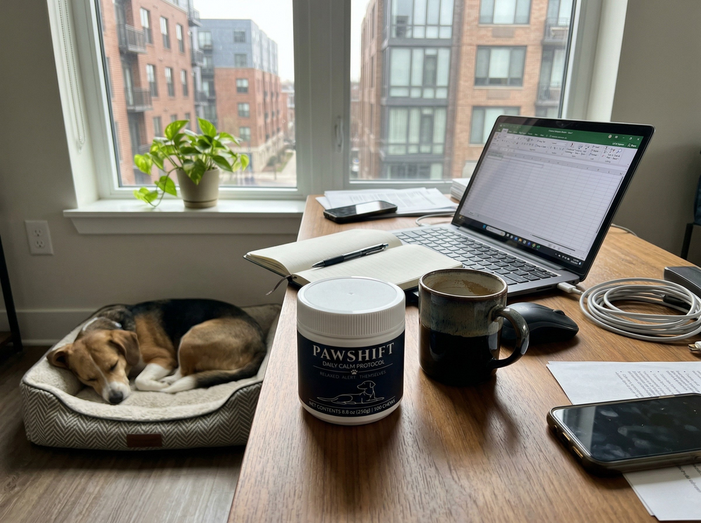 PawShift Daily Calm Protocol jar on a desk in an apartment with a calm dog nearby