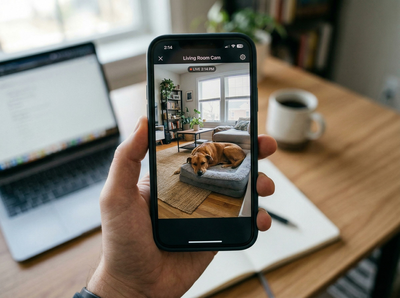 Pet camera footage showing a dog resting calmly in an apartment during a workday