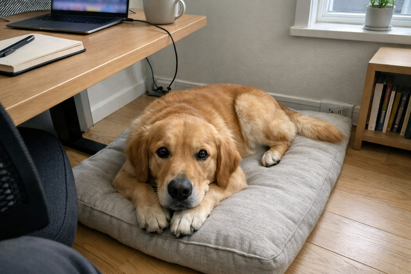 Golden retriever resting calmly on a dog bed beside a home office desk during a workday
