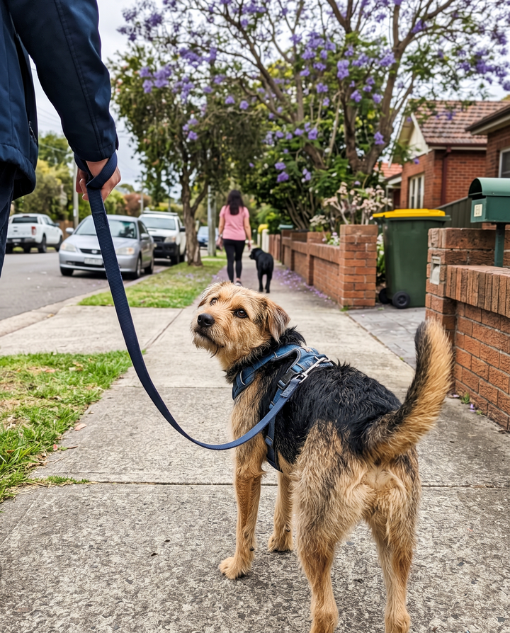 Terrier passing another dog on the footpath