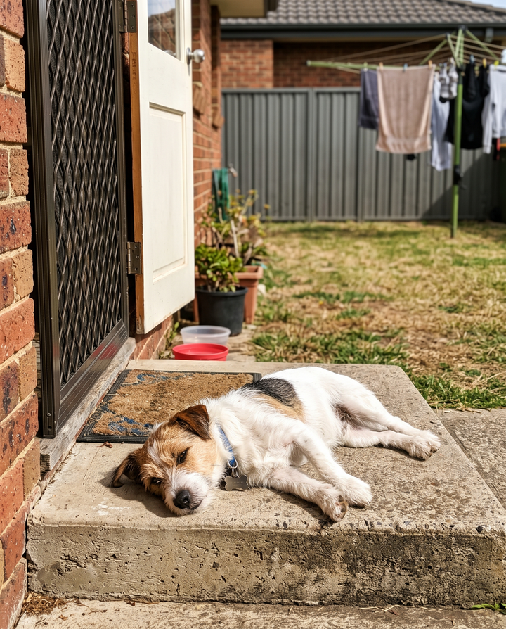 Jack Russell settled on the back step by the fence