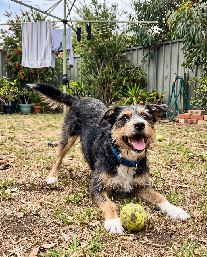 Kelpie playing with a tennis ball in the yard
