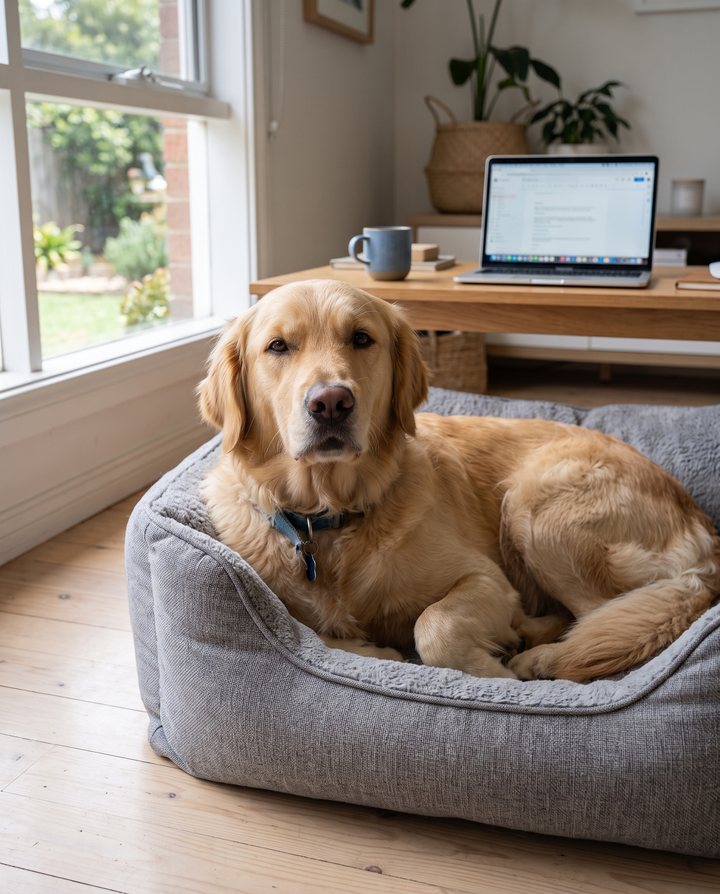 Golden retriever resting at home